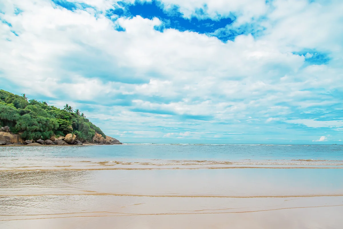 Praia de Ilhabela com vegetação e mar azul, litoral norte de São Paulo